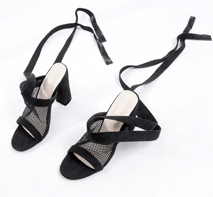 Women's Lace-Up Bandage Sandals | Open-Toe Flock High Heel Sandals