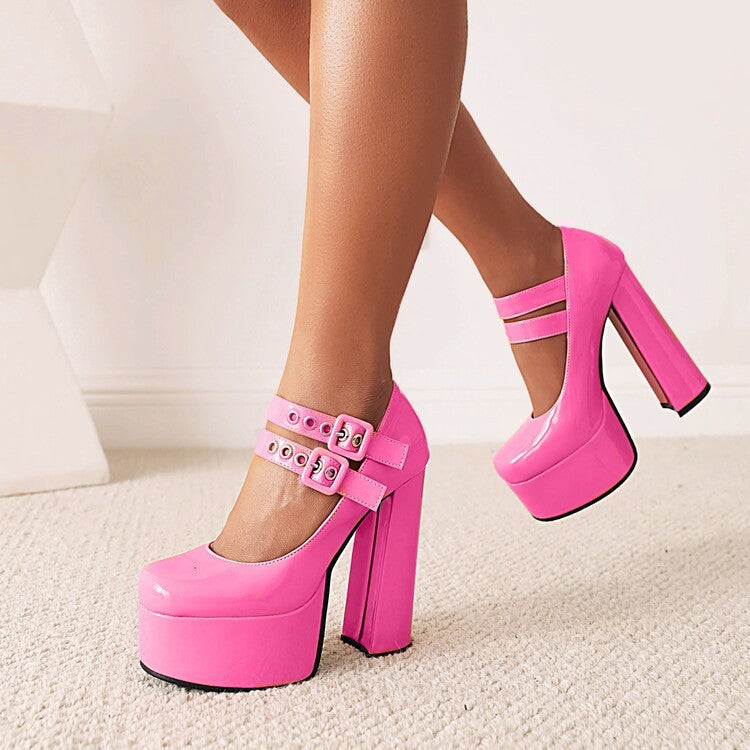 Women's Round Toe Chunky Platform High Heels | Buckle Dress Pumps
