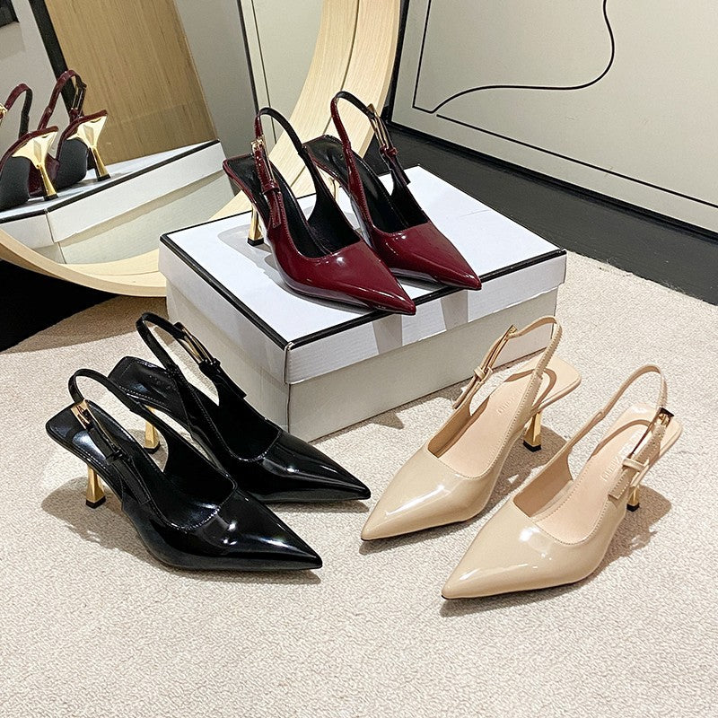 Women's Pointed-Toe Stiletto Sandals | Low Heel Slip-On Dress Shoes in Black, Nude & Red