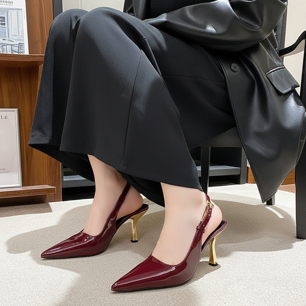 Women's Pointed-Toe Stiletto Sandals | Low Heel Slip-On Dress Shoes in Black, Nude & Red