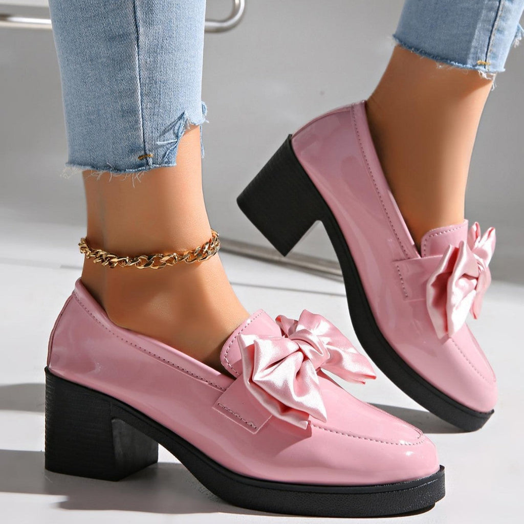 Women's Bowtie Platform Pumps - Low Heel Slip-On Dress Shoes