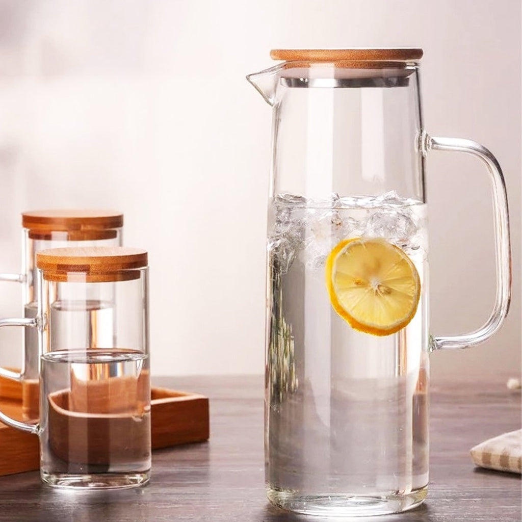 Hand Blown Glass & Bamboo Pitcher & Cups